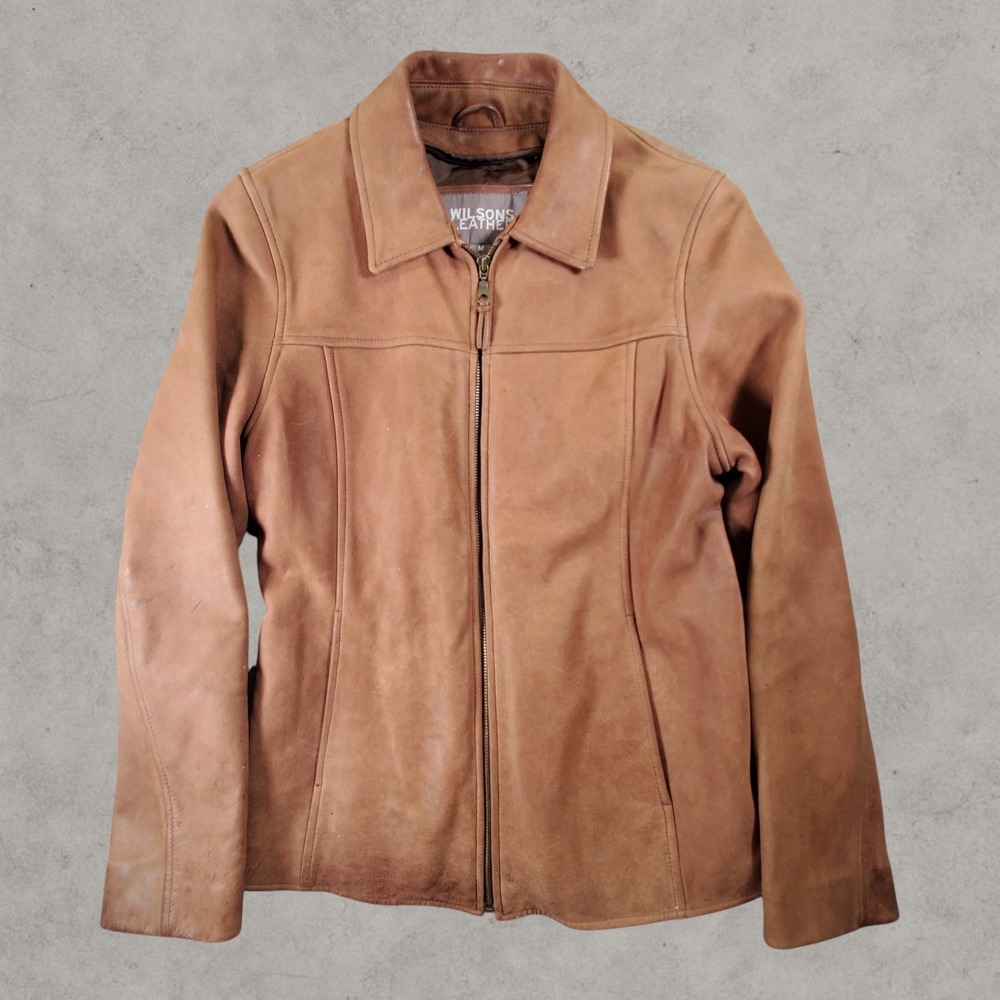 Wilsons Leather Jacket Women Medium Tan Full Zip Moto Jacket Pleated Back Camel